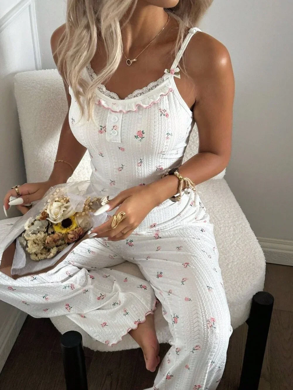White Casual Women's Lace detailed Open Back Design Pajama Jumpsuit